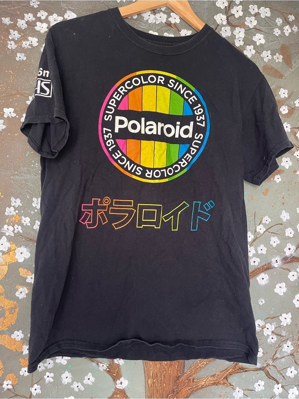 Polaroid Black Tee with Multicolor Rainbow Logo